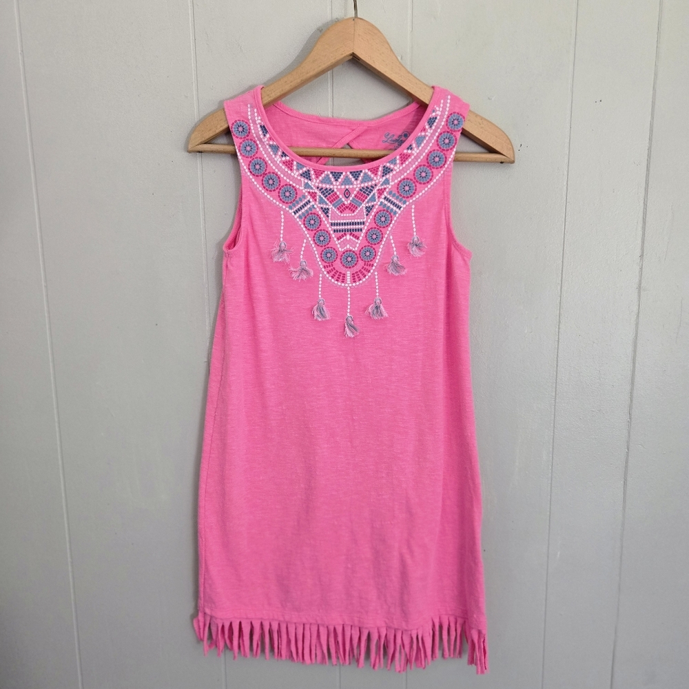 3/$15 Lucky Brand Girl's Tank Dress Pink Boho Fringe Tassels Cover-up XL